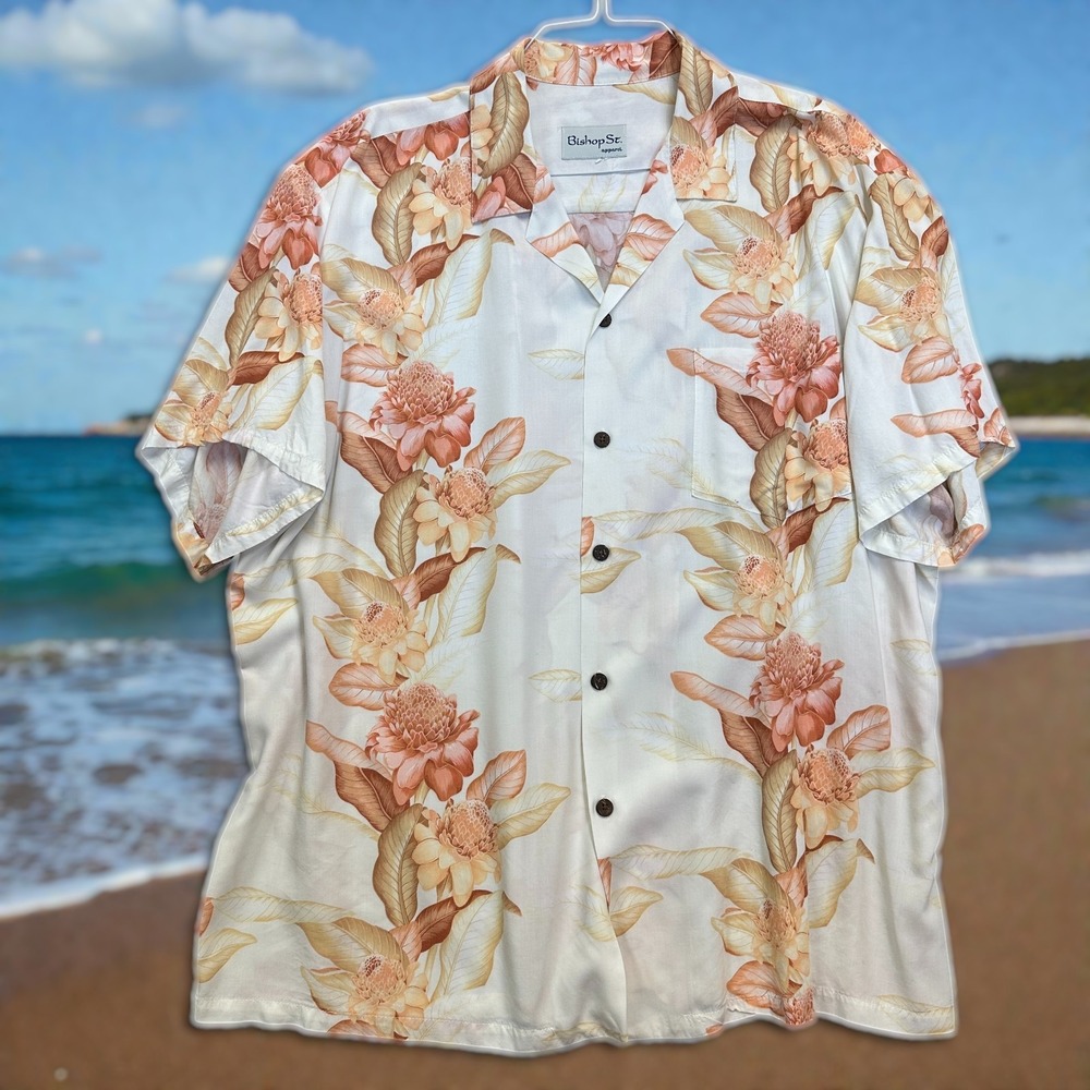 Bishop St Apparel‎ Hawaiian Aloha Shirt Men's 2XL Cream/Peach Vintage 90s-Y2K